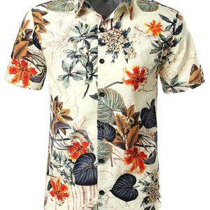 JOGAL Men's Flower Casual Button Down Short Sleeve Hawaiian Shirt XL
